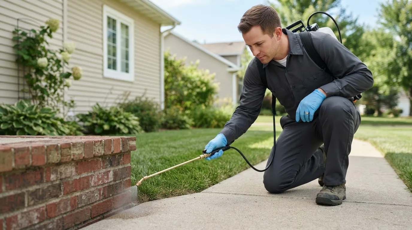 Pest control technician treating a home near Waterville, IA