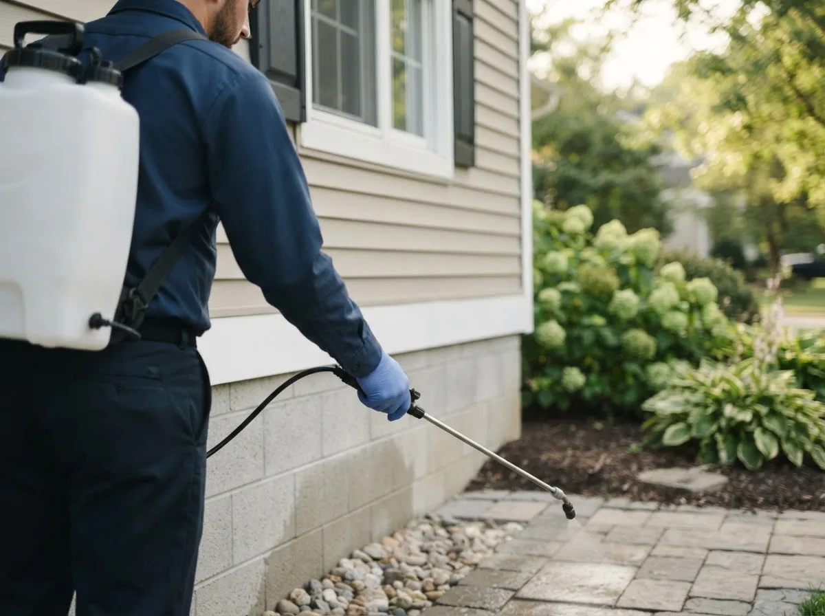 Pest control technician inspecting a home in Waterville, IA